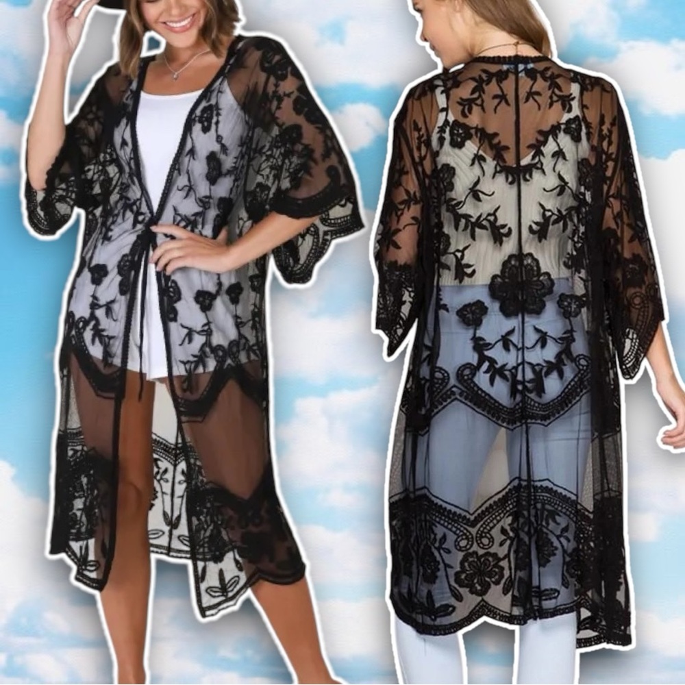 NWT TWIG & ARROW Open Front Embroidered Mesh Duster Kimono Witchy Boho Festival